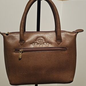Vintage Carolina Herrera Brown Barrel Style Handbag Purse‎ Dbl Top Handle